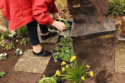 Kosten einer Erdbestattung: Ältere Frau pflanzt Blumen auf einem Grab
