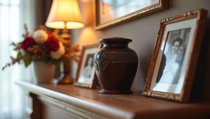Erinnerungsort zu Hause Eine Urne steht auf einem Kaminsims zwischen gerahmten Fotos