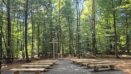 Andachtsplatz mit Holzkreuz und Bänken Andachtsplatz mit Holzkreuz und Bänken im FriedWald Mainhardt | Quelle: FriedWald